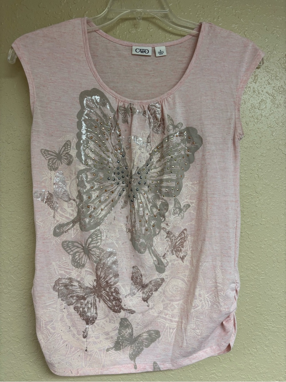 Cato Light Pink Butterfly Tee with Metallic Accents